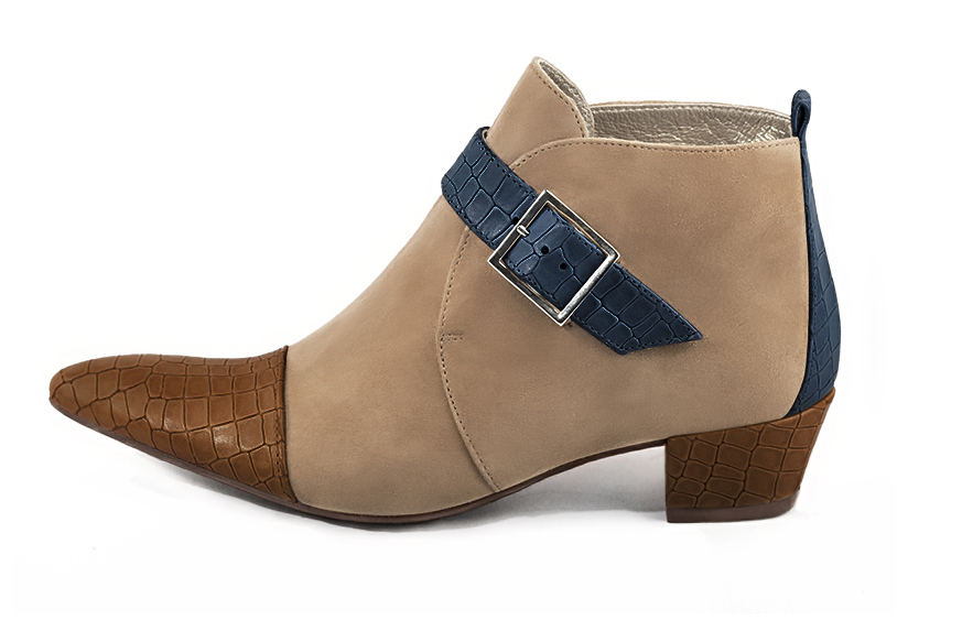 Caramel brown, tan beige and denim blue women's ankle boots with buckles at the front. Tapered toe. Low cone heels. Profile view - Florence KOOIJMAN